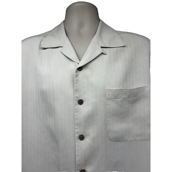 Tommy Bahama Mens Vintage Beige Embroidered Silk Button Up Shirt Medium Pocket - Picture 6 of 10